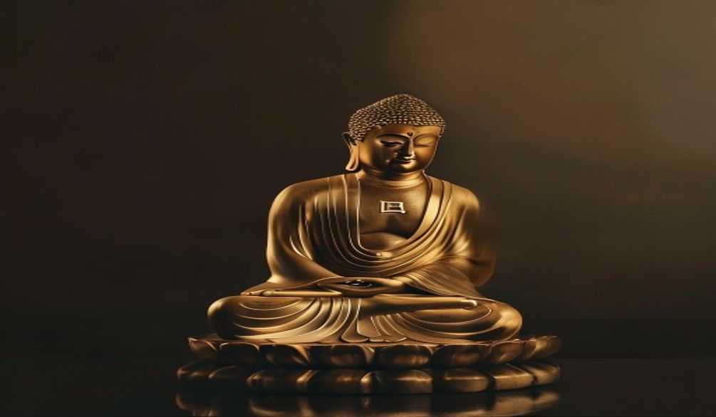 Statue de Bouddha dorée sur fond sombre, lumière douce, sérénité et spiritualité bouddhiste