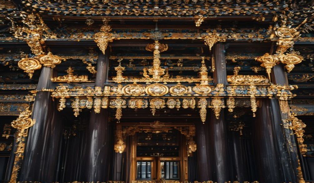 Architecture de temple bouddhiste, ornements dorés, culture et tradition asiatique