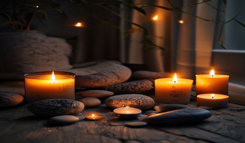 Coin méditation zen avec bougies et pierres, lumière chaude, guide pratique bien-être